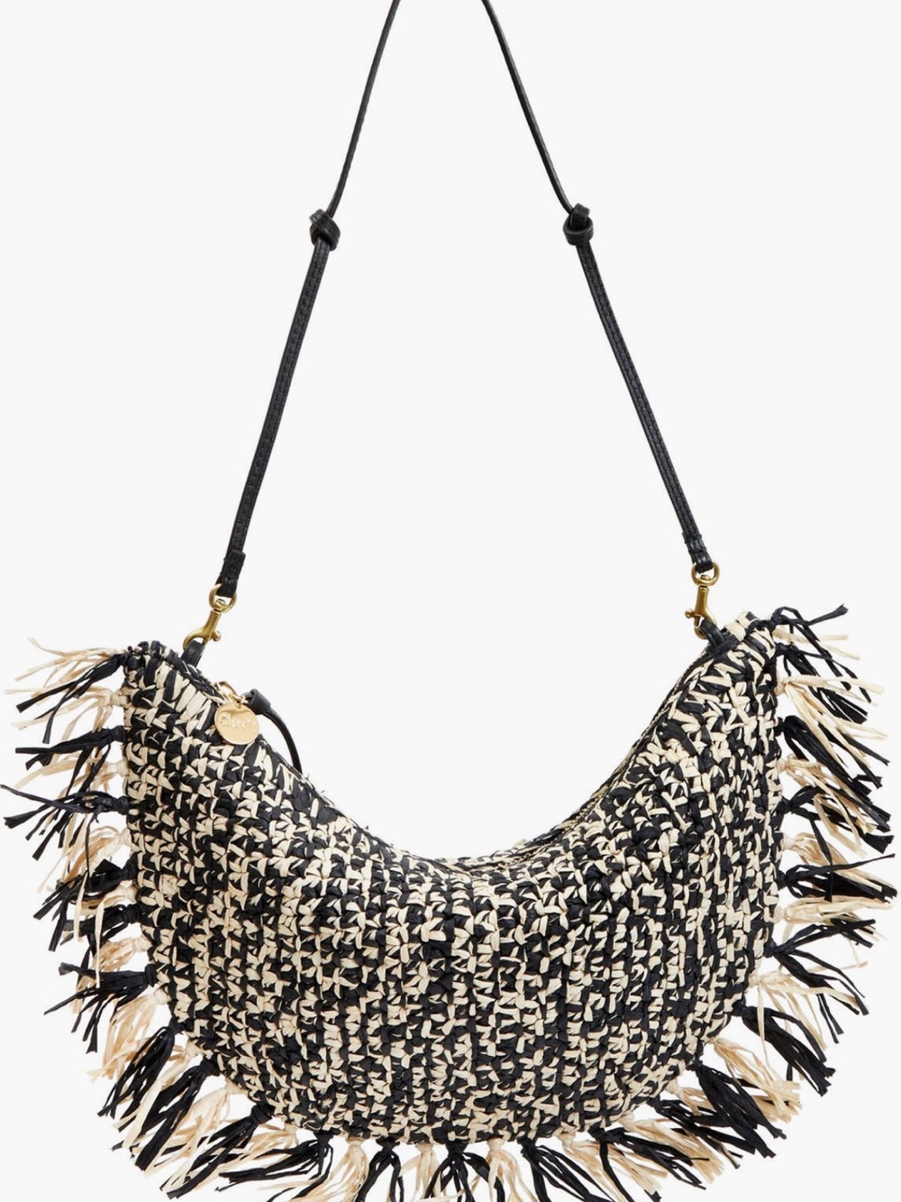 Clare V Black & Natural Lune Woven Fringe Hobo Shoulder Bag